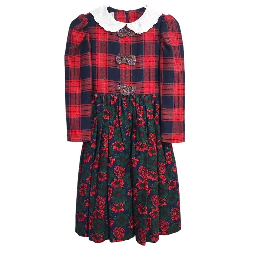 JOAN CALABRESE girls plaid holiday red‎ green black floral lace party dress 10